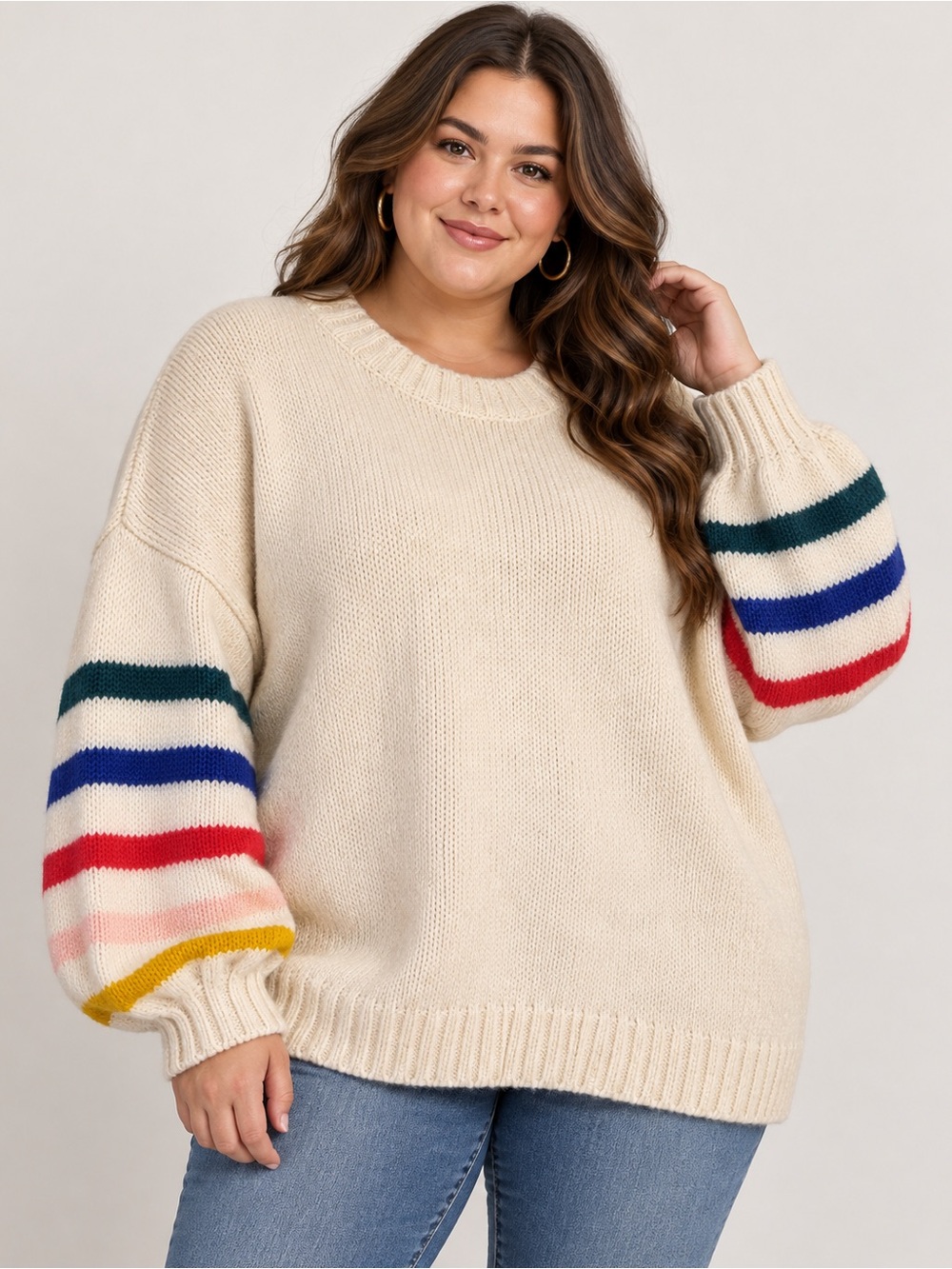 torrid Cream Balloon Sleeve Sweater with Multi-Stripe Cuffs Size 3 3X Boho
